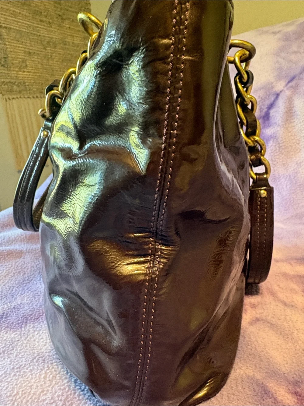 COACH Patent Leather Shoulder Bag in Dark Burgundy with Gold Hardware